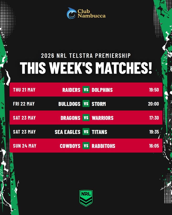 Featured image for “Watch NRL Telstra Premiership Matches This Week at Club Nambucca”