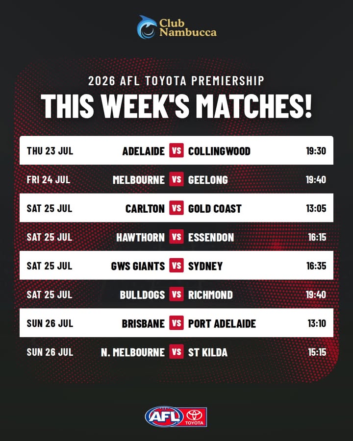 Featured image for “2026 AFL Toyota Premiership Matches This Week at Club Nambucca”