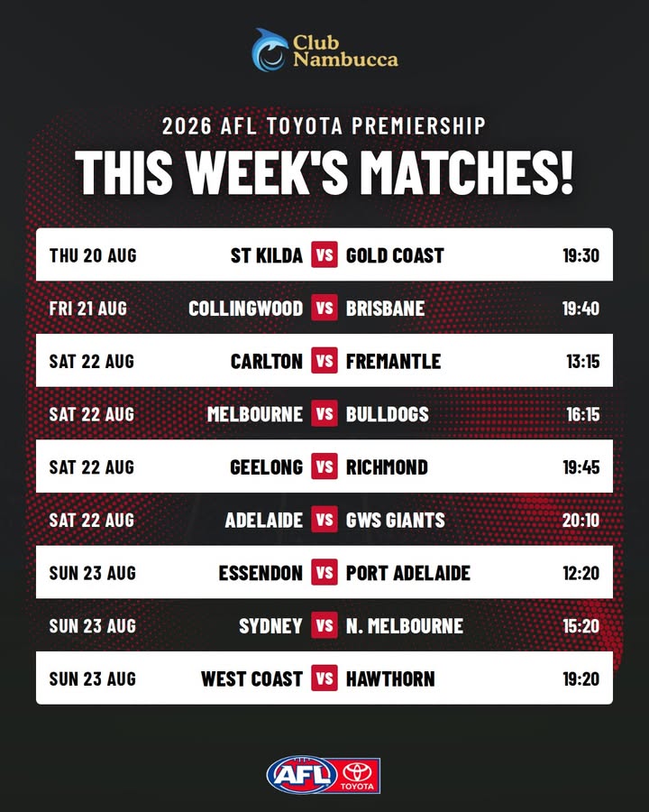Featured image for “2026 AFL Toyota Premiership This Week’s Matches at Club Nambucca”