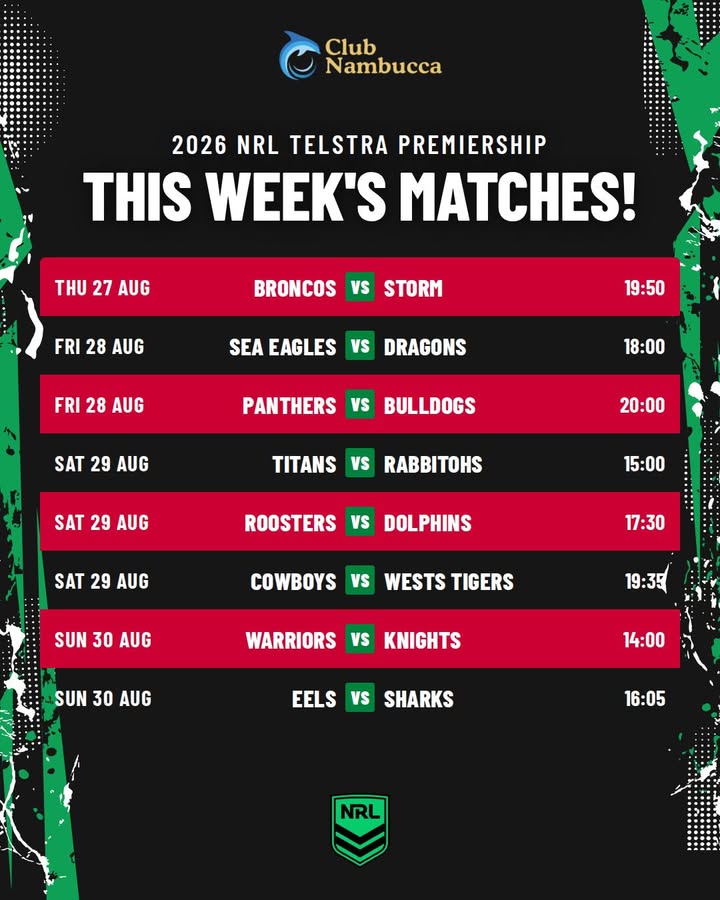 Featured image for “2026 NRL Telstra Premiership This Week’s Matches at Club Nambucca”