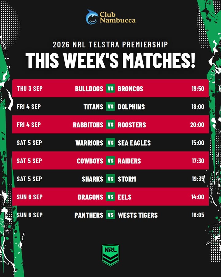 Featured image for “2026 NRL Telstra Premiership This Week’s Matches at Club Nambucca”